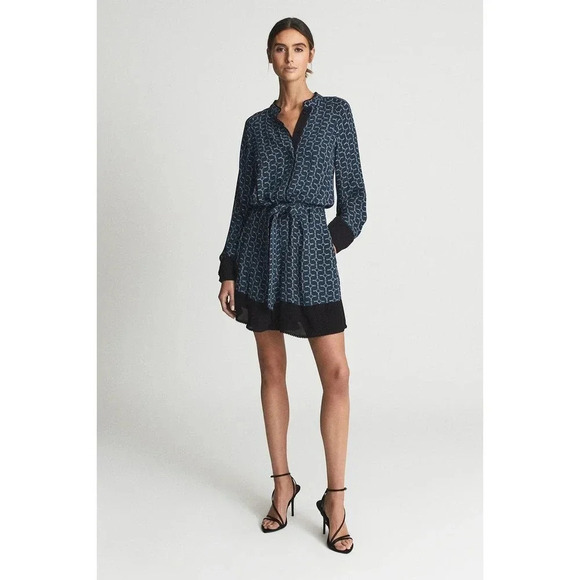 NWT Reiss Navy Viviyan Printed Flippy Dress - Equestrian Chain Silky - Picture 4 of 10